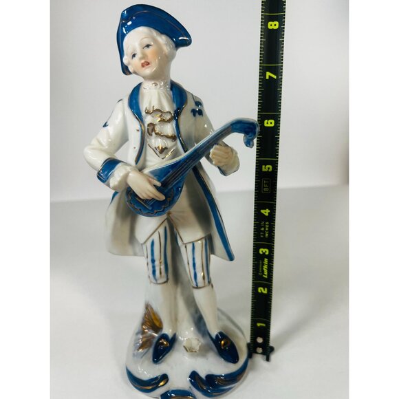 Vtg Ardco Japan Porcelain Gilded Figurine Musician Blue White Playing Lute 3259 - Picture 7 of 8